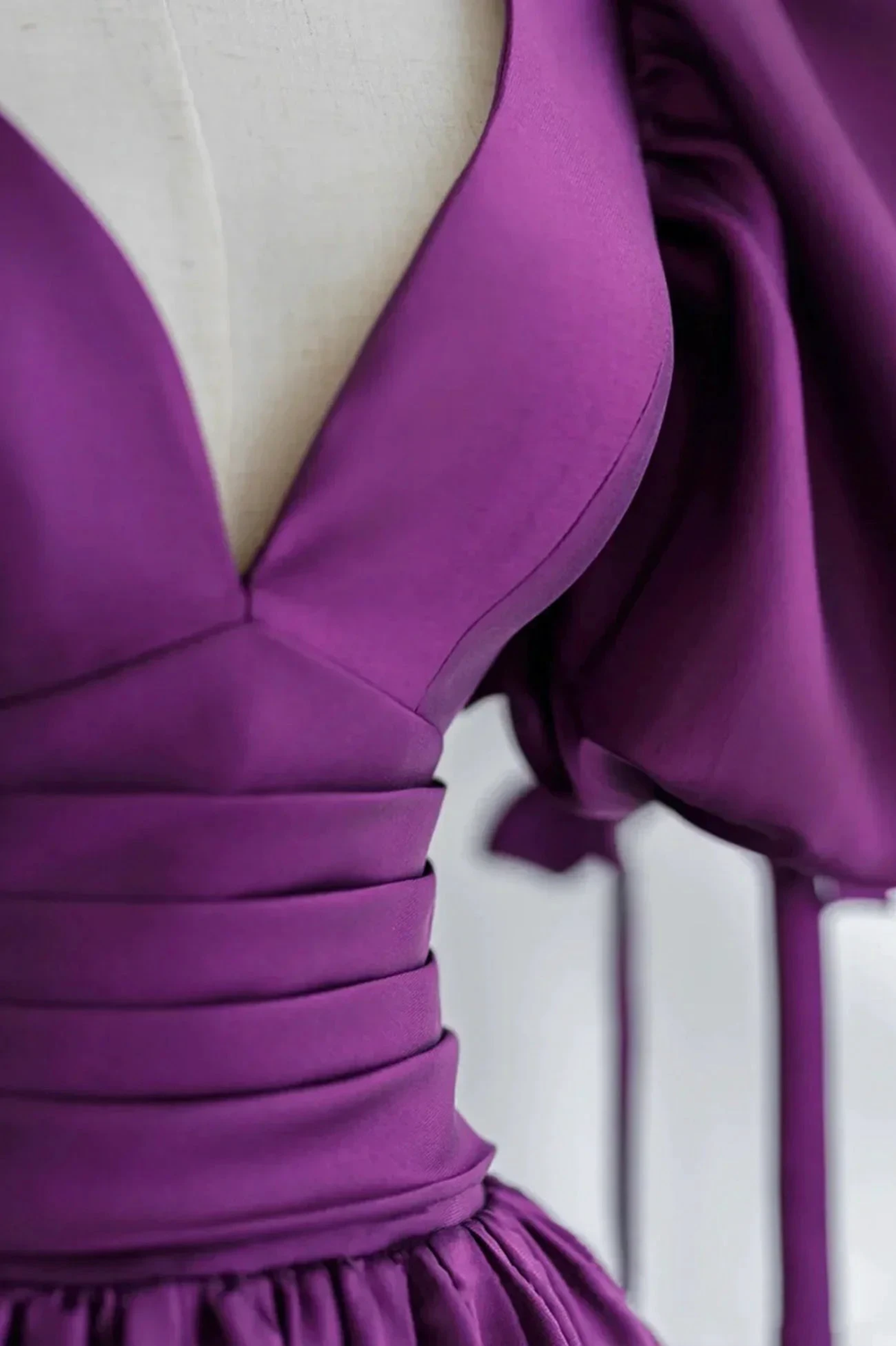 Purple Puff Sleeves Satin Long Prom Dress V-Neck Evening Dress Y856 by simplepromdress