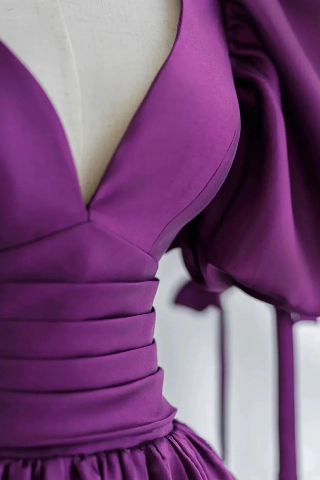 Purple Puff Sleeves Satin Long Prom Dress V-Neck Evening Dress Y856 by simplepromdress