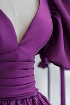 Purple Puff Sleeves Satin Long Prom Dress V-Neck Evening Dress Y856