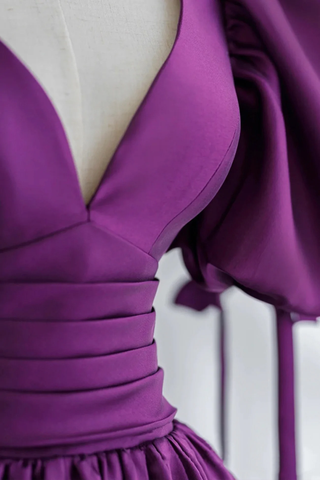 Purple Puff Sleeves Satin Long Prom Dress V-Neck Evening Dress Y856