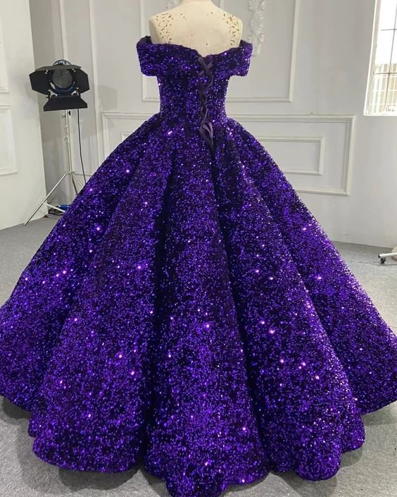Sparkly Purple Off The Shoulder Sequins Ball Gown,Purple Sweet 16 Dress Y6583 Main Image