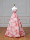 Dream Pink Strapless Satin Print Sequins Prom Dress Princess Birthday Ball Gown Y8604 by simplepromdress