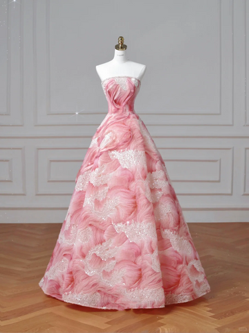 Dream Pink Strapless Satin Print Sequins Prom Dress Princess Birthday Ball Gown Y8604