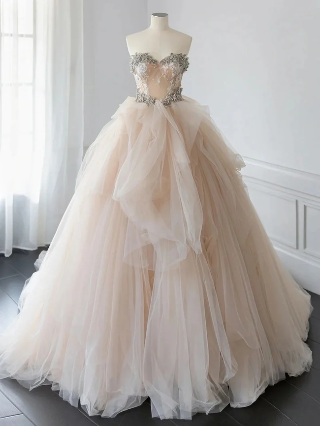 Beautiful Champagne Tulle Beaded Ball Gown Sweet Wedding Dress Y7744 Hover Image