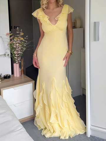Elegant Yellow Chiffon Mermaid Ruffle Evening Dress Long Evening Gown Y8073