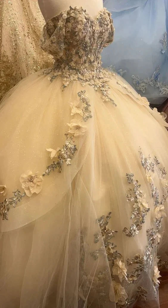 Champagne quince dress with flowers forest sweet 16 dress off the shoulder ball gown Y3026 by simplepromdress