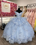 Gorgeous Blue Off The Shoulder Tulle Appliques Ball Gown Birthday Quinceanera Dress Y7835 by simplepromdress