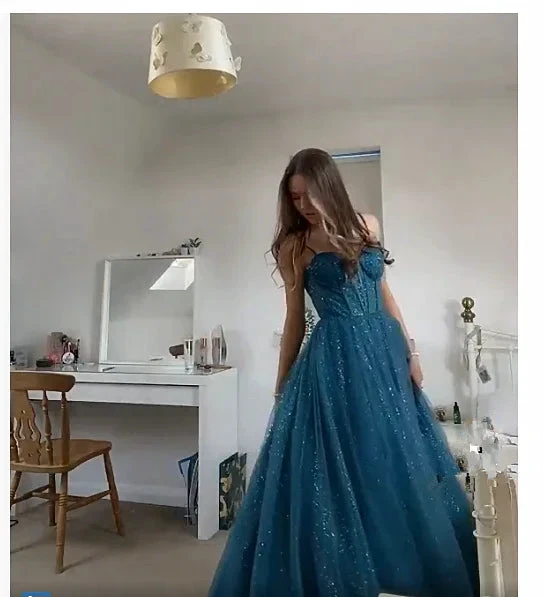A-line Spaghetti Straps Glitter Tulle Prom Dress Chic Evening Dress Y406 by simplepromdress