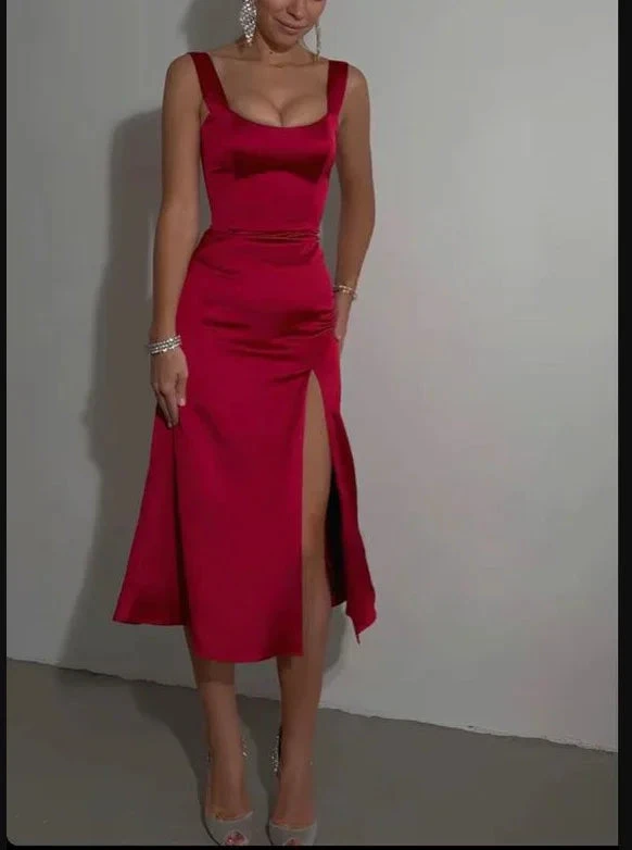 Mid Length Cocktail Dress Front Slit Long Party Dress Short Satin Prom Dresses Y695 by simplepromdress