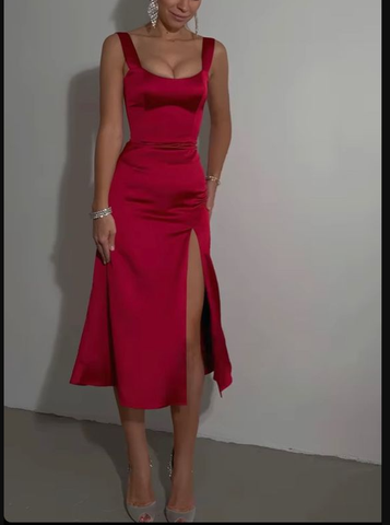 Vestido de cóctel de longitud media con abertura frontal, vestido de fiesta largo, vestido de fiesta corto de satén Y695