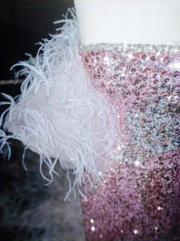 Fairy Pink Strapless Sequins Feathers Mermaid Evening Dress Slit Prom Dress Y8660
