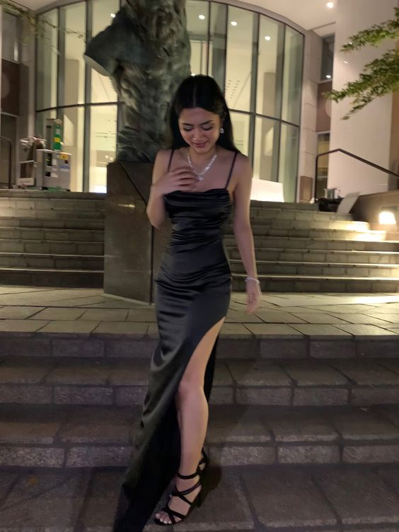 Black Spaghetti Straps Evening Dress Sexy Prom Dress Y427 Hover Image