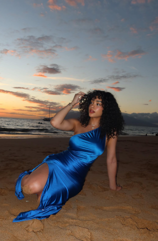 Pretty Blue One Shoulder Sheath Prom Dress Side Slit Evening Dress Y8150
