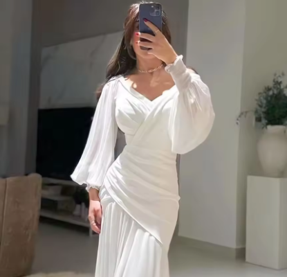 Vestido de noche largo tipo sirena con escote en V fruncido, elegante, color blanco, Y7737