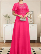 A-line Scoop Illusion Floor-Length Lace Chiffon Mother of the Bride Dress With Sequins by Dreamylily