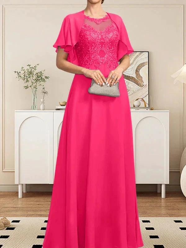 A-line Scoop Illusion Floor-Length Lace Chiffon Mother of the Bride Dress With Sequins by Dreamylily