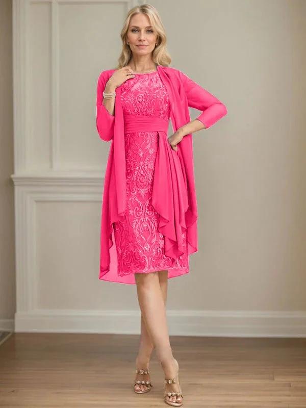 Sheath/Column Scoop Illusion Knee-Length Lace Chiffon Mother of the Bride Dress With Cascading Ruffles Sequins by Dreamylily