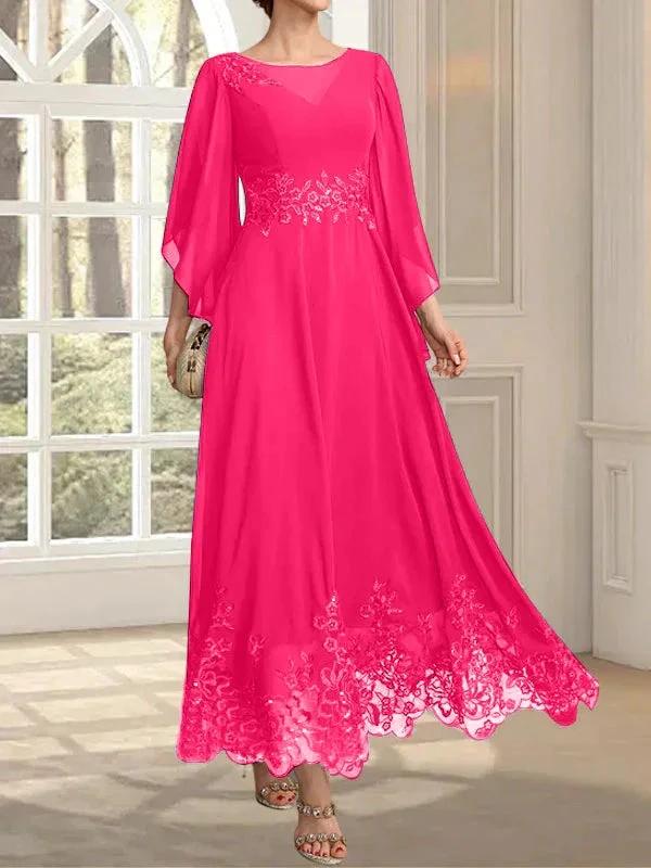 A-line Scoop Illusion Ankle-Length Lace Chiffon Mother of the Bride Dress With Sequins by Dreamylily