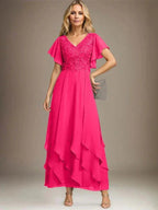 A-line V-Neck Ankle-Length Lace Chiffon Mother of the Bride Dress With Cascading Ruffles by Dreamylily