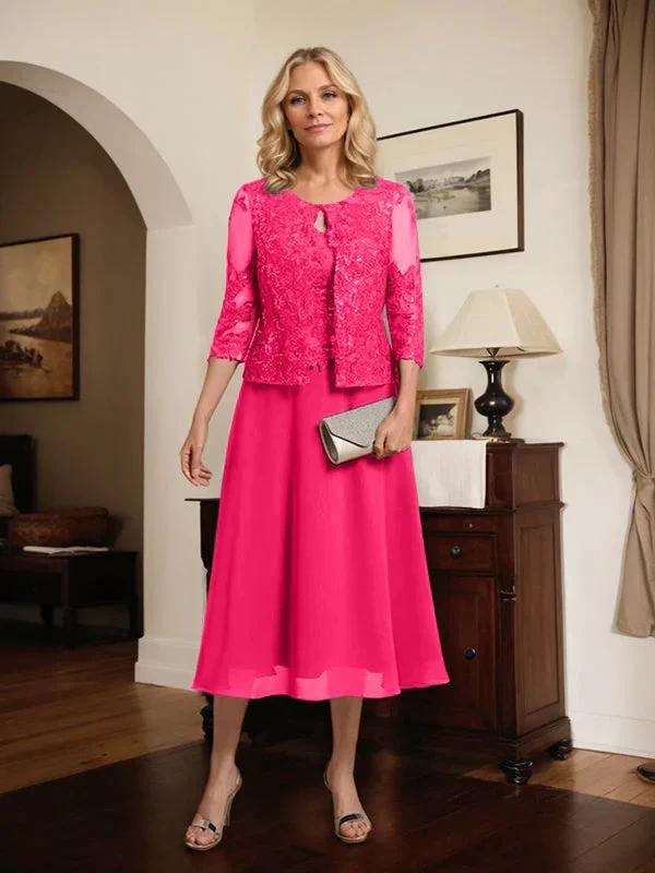 A-line Scoop Tea-Length Lace Chiffon Mother of the Bride Dress With Sequins by Dreamylily