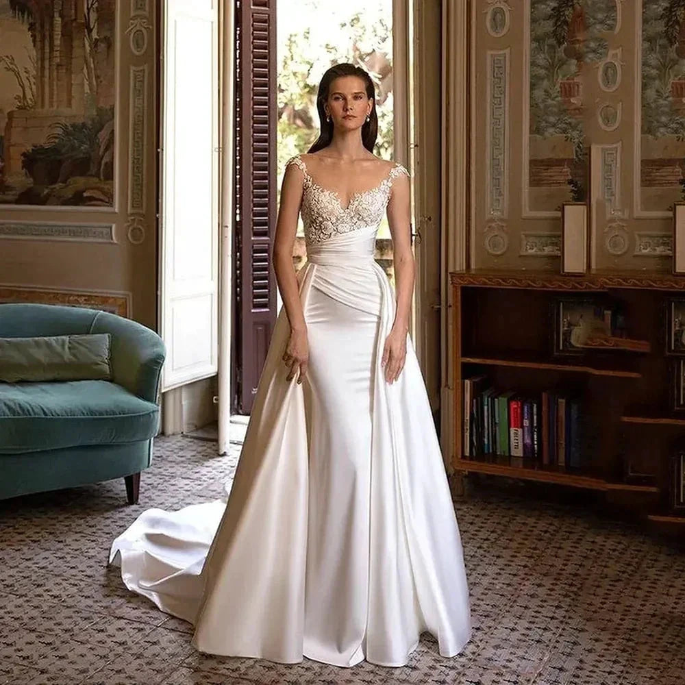 Wedding Dress Stain White Appliques Court Train Pleated Sweetheart Pleat Elegant Vestidos De Fiesta Elegantes Para Mujer 2023 by payinti