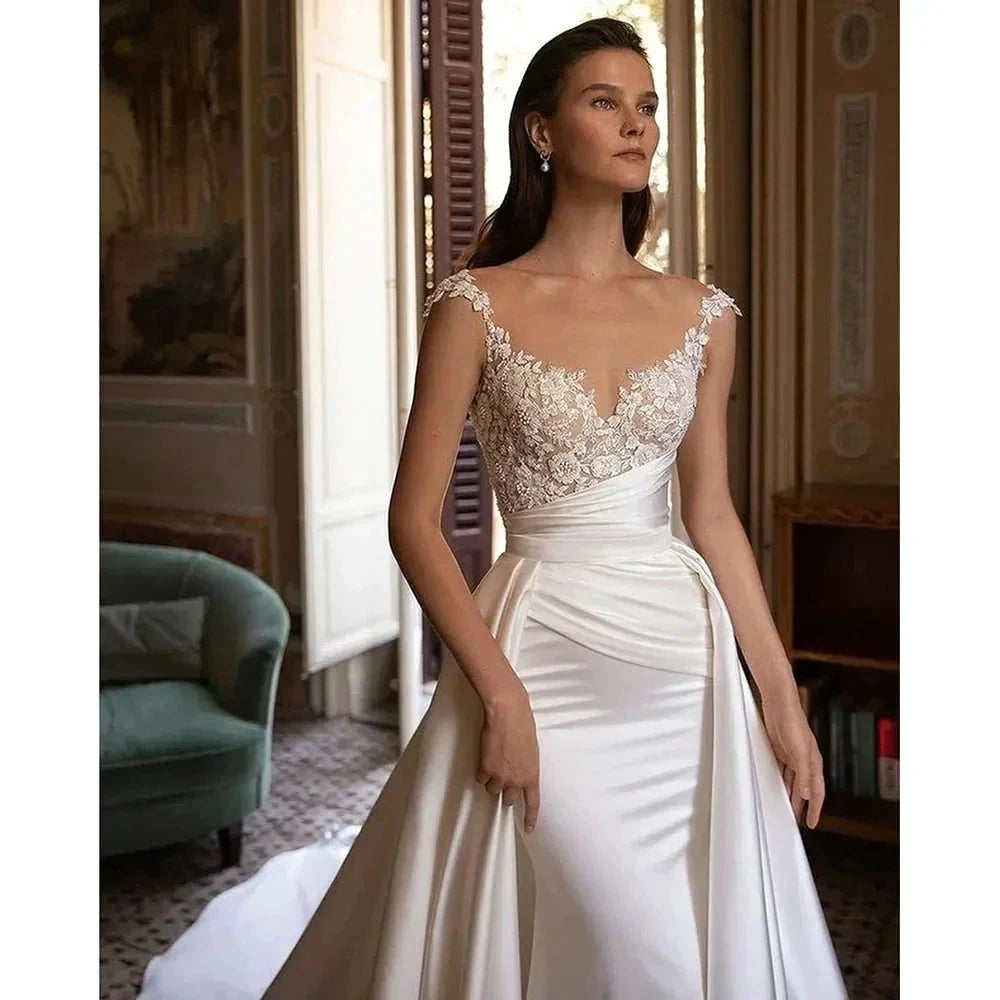 Wedding Dress Stain White Appliques Court Train Pleated Sweetheart Pleat Elegant Vestidos De Fiesta Elegantes Para Mujer 2023 by payinti