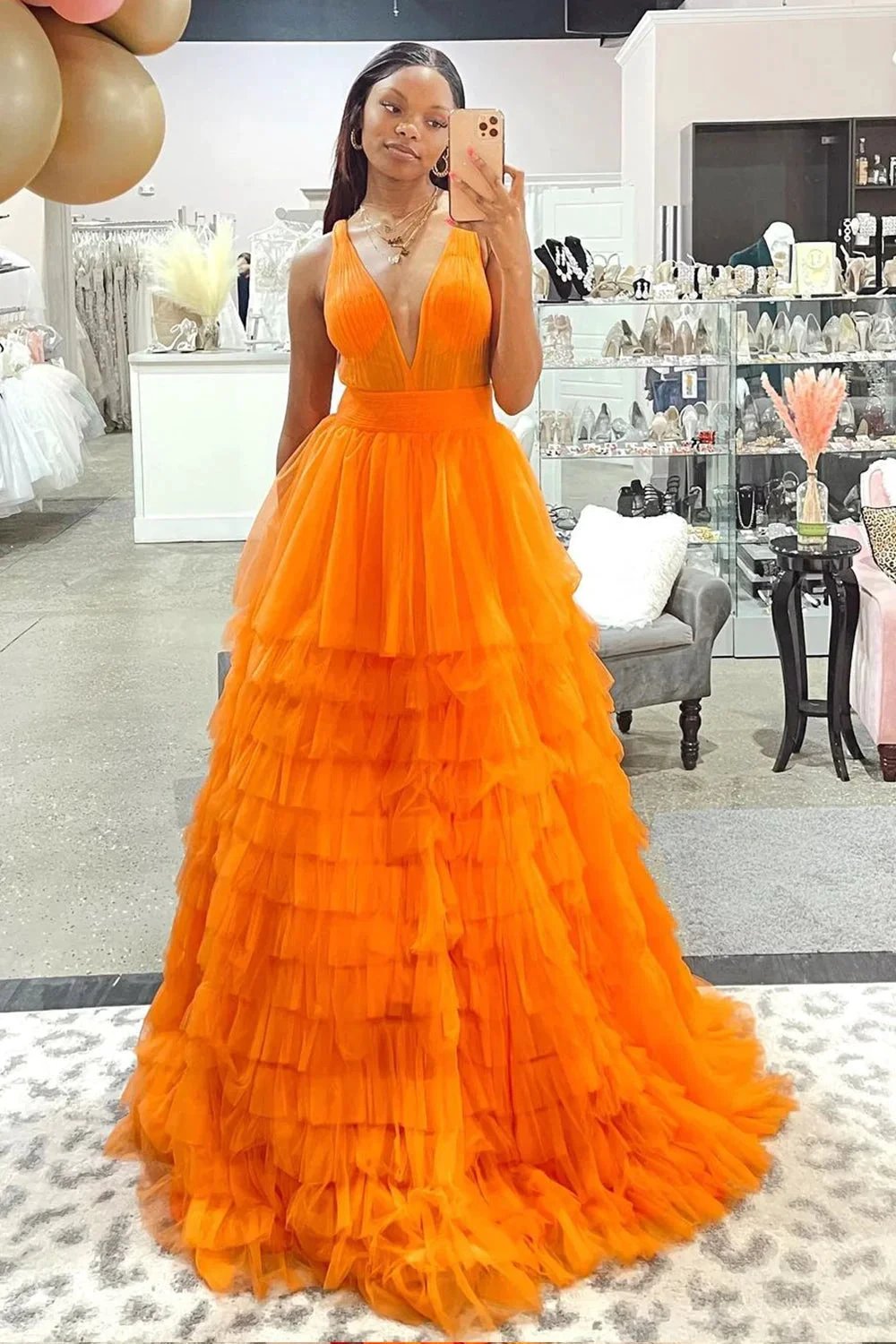 Reese |A-line Orange V-Neck Tulle Long Prom Dress by KissProm