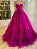 Blair |A Line Strapless Fuchsia Tiered Long Tulle Prom Dress by KissProm