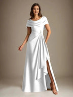 A-Line Scoop Floor-Length Stretch Satin Mother of the Bride Dress With Cascading Ruffles by Dreamylily