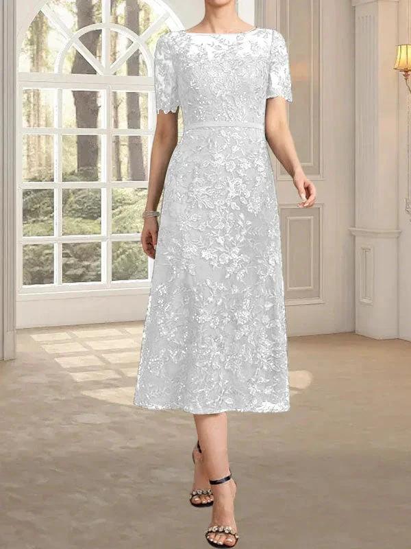 A-line Scoop Illusion Tea-Length Lace Mother of the Bride Dress With Sequins by Dreamylily