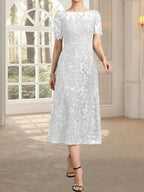 A-line Scoop Illusion Tea-Length Lace Mother of the Bride Dress With Sequins by Dreamylily