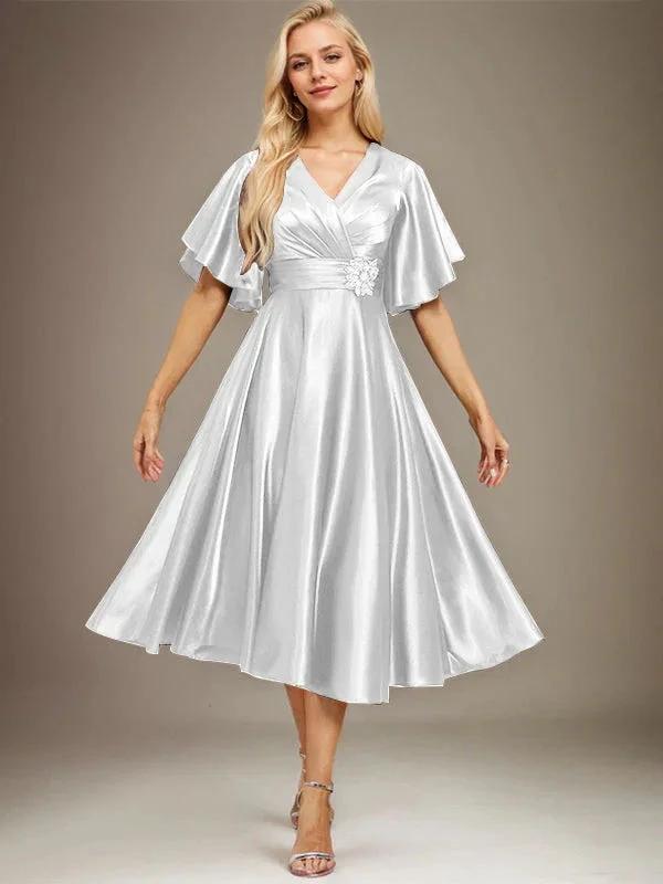 A-line V-Neck Tea-Length Stretch Satin Mother of the Bride Dress With Beading Pleated by Dreamylily
