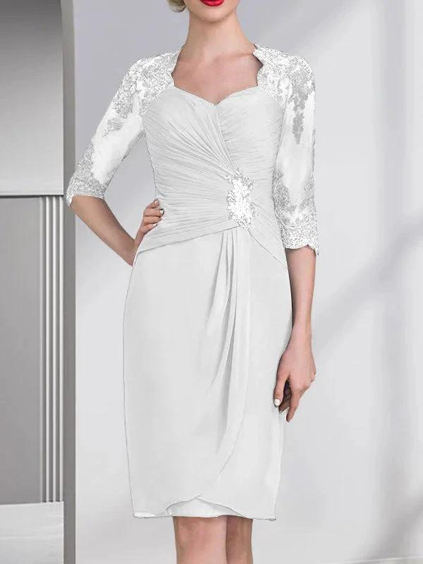 Sheath/Column Sweetheart Knee-Length Chiffon Mother of the Bride Dress With Beading Appliques Lace Sequins Pleated by Dreamylily