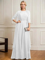 A-line Scoop Illusion Floor-Length Lace Chiffon Mother of the Bride Dress With Pleated by Dreamylily