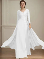 A-line V-Neck Floor-Length Lace Chiffon Mother of the Bride Dress With Sequins by Dreamylily