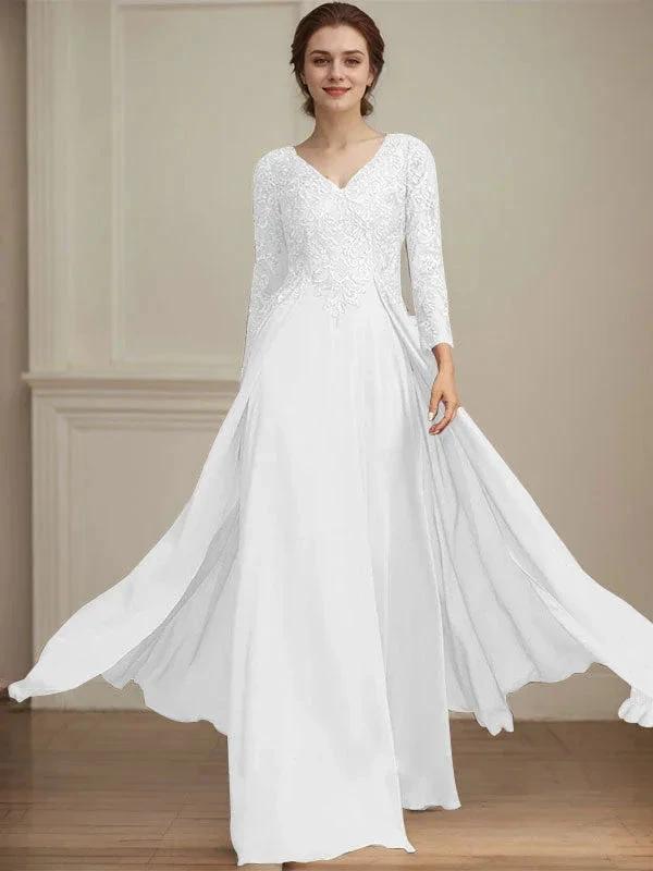 A-line V-Neck Floor-Length Lace Chiffon Mother of the Bride Dress With Sequins by Dreamylily