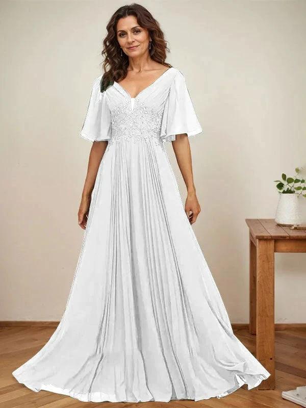 A-line V-Neck Floor-Length Chiffon Mother of the Bride Dress With Sequins Appliques Lace Pleated by Dreamylily