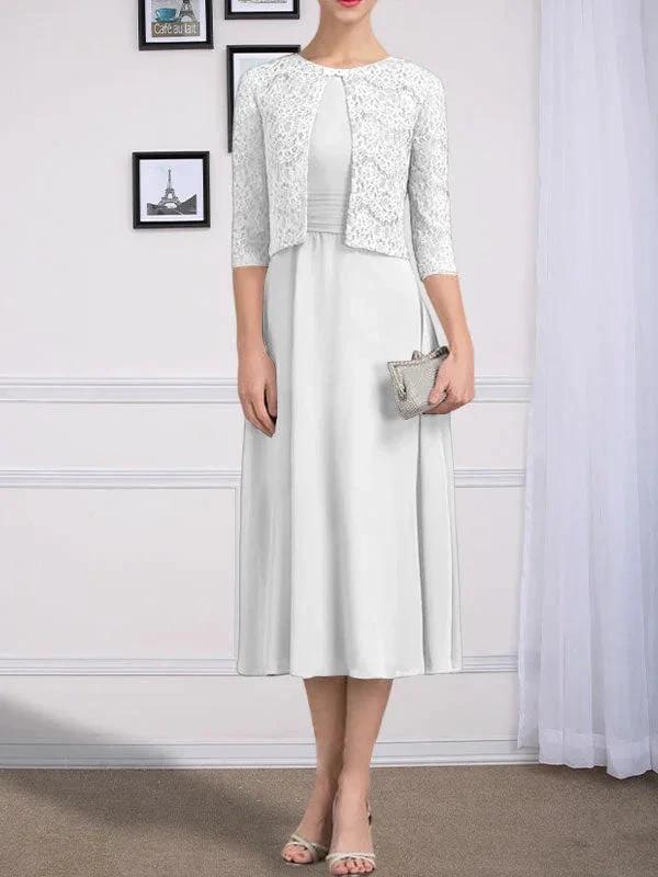 A-line Scoop Tea-Length Chiffon Mother of the Bride Dress With Pleated by Dreamylily