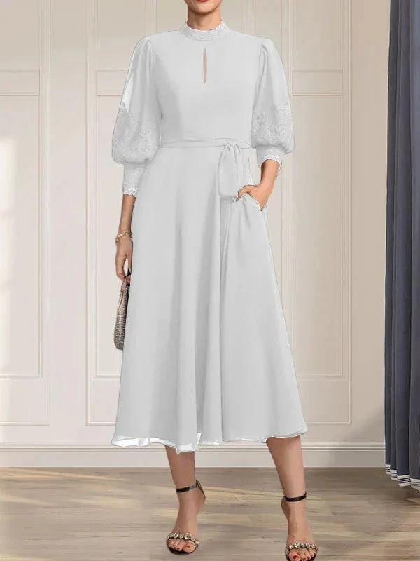 A-line High Neck Tea-Length Lace Chiffon Mother of the Bride Dress With Bow by Dreamylily