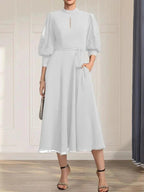 A-line High Neck Tea-Length Lace Chiffon Mother of the Bride Dress With Bow by Dreamylily