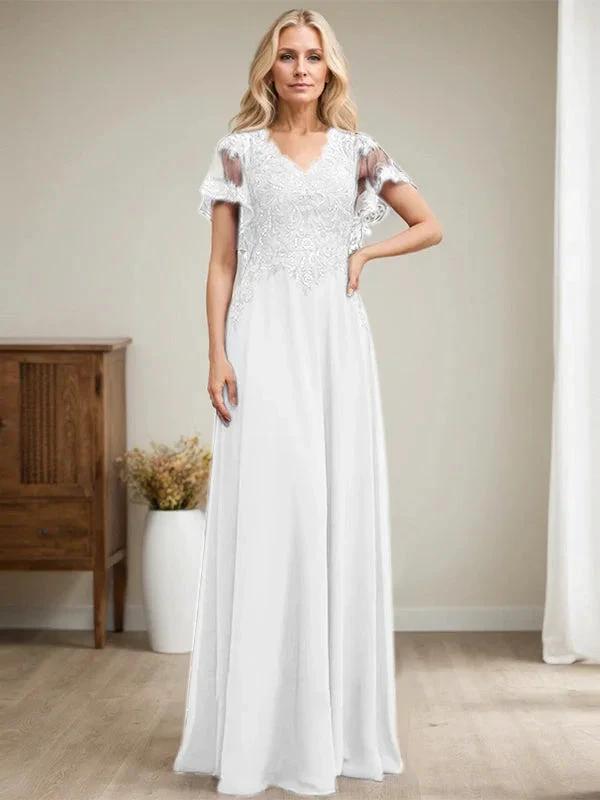 A-line V-Neck Floor-Length Lace Chiffon Mother of the Bride Dress With Sequins by Dreamylily