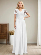 A-line V-Neck Floor-Length Lace Chiffon Mother of the Bride Dress With Sequins by Dreamylily