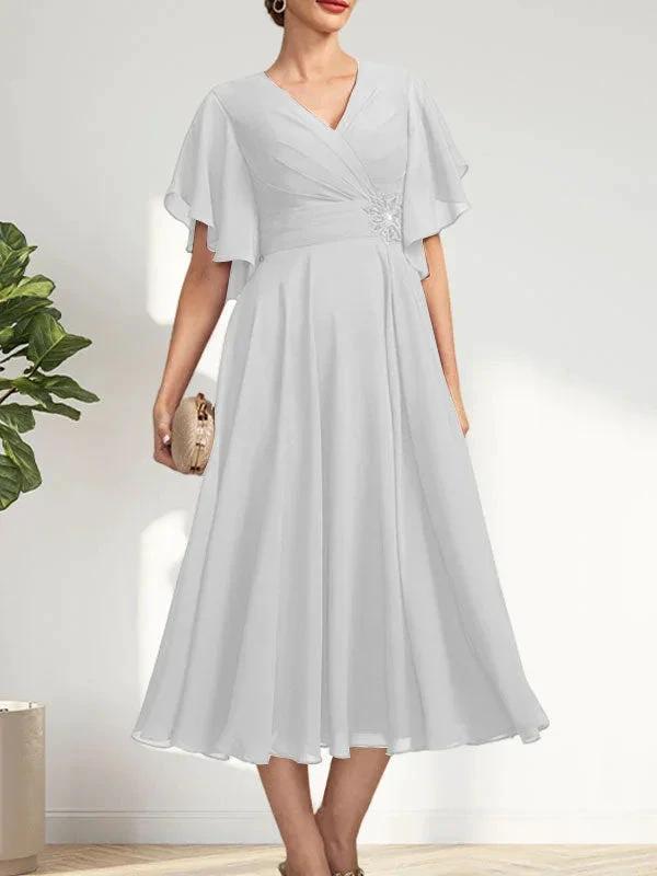 A-line V-Neck Tea-Length Chiffon Mother of the Bride Dress With Pleated Beading by Dreamylily