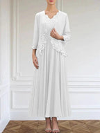 A-line V-Neck Ankle-Length Chiffon Mother of the Bride Dress With Sequins Appliques Lace Beading by Dreamylily