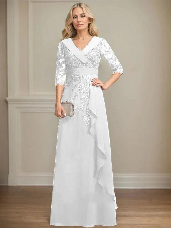 A-line Collared V-Neck Floor-Length Lace Chiffon Mother of the Bride Dress With Sequins Cascading Ruffles by Dreamylily