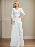 A-line Collared V-Neck Floor-Length Lace Chiffon Mother of the Bride Dress With Sequins Cascading Ruffles by Dreamylily