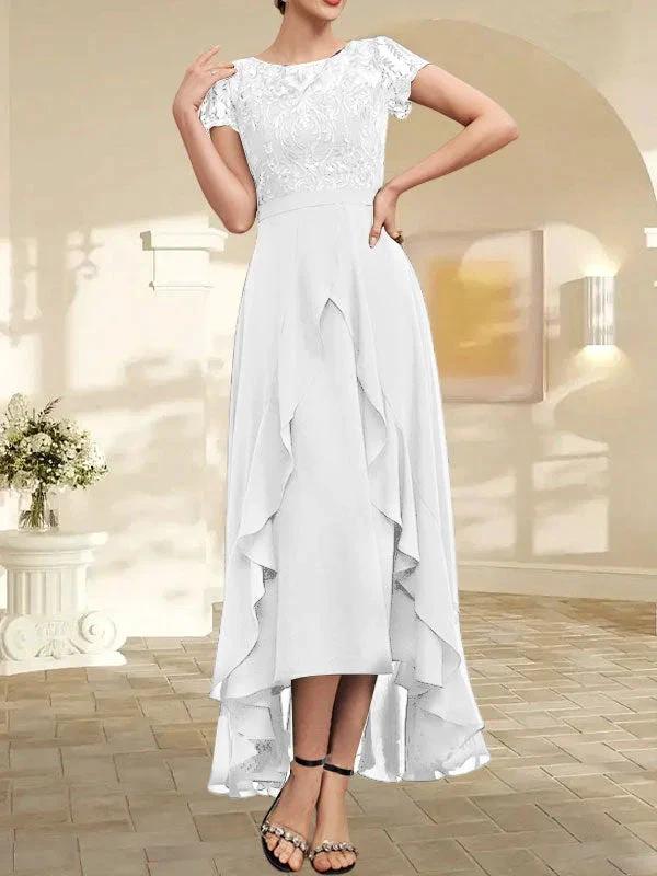A-line Scoop Illusion Asymmetrical Chiffon Lace Mother of the Bride Dress With Bow Ruffle Sequins by Dreamylily