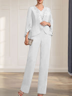 Separates Jumpsuit/Pantsuit V-Neck Floor-Length Chiffon Mother of the Bride Dress