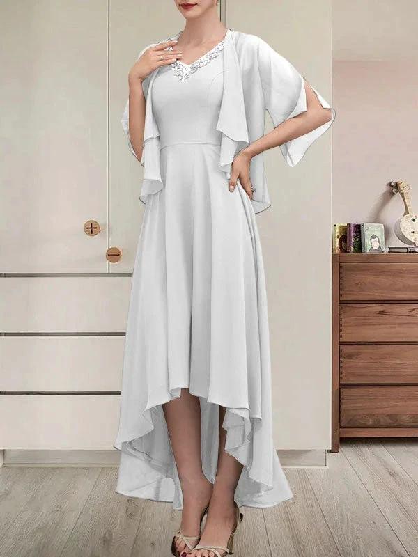 A-line V-Neck Asymmetrical Chiffon Mother of the Bride Dress With Beading Sequins by Dreamylily