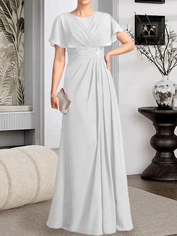 A-line Scoop Floor-Length Chiffon Mother of the Bride Dress With Pleated Beading by Dreamylily